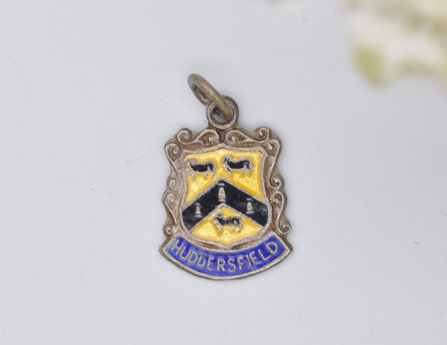 Vintage Sterling Silver Huddersfield Enamel Souvenir Shield Charm / Pendant - England / Yorkshire / Tourist / Charm Bracelet / Scrap Book