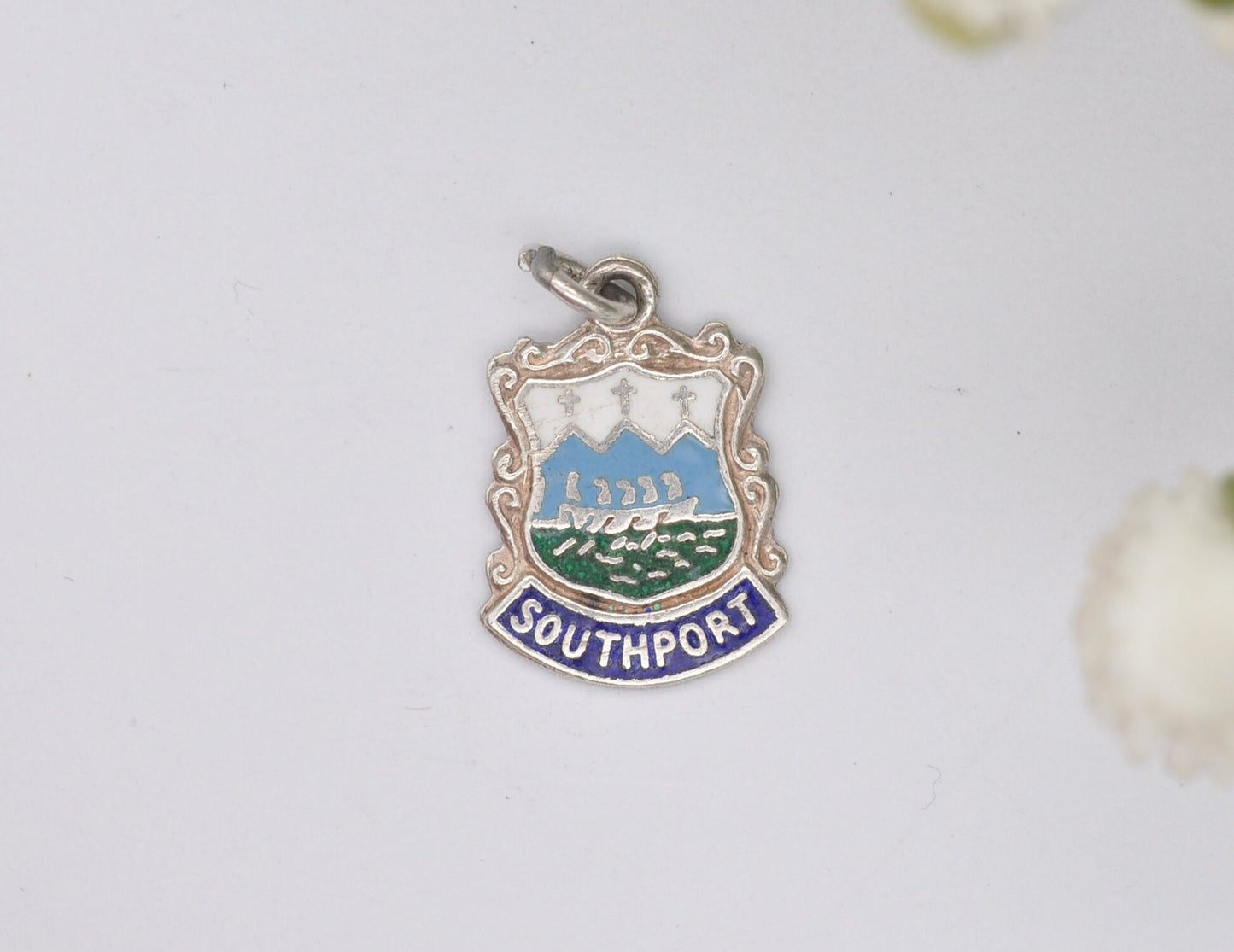 Vintage Sterling Silver Southport Enamel Souvenir Shield Charm / Pendant - England / Merseyside / Tourist / Charm Bracelet / Scrap Book