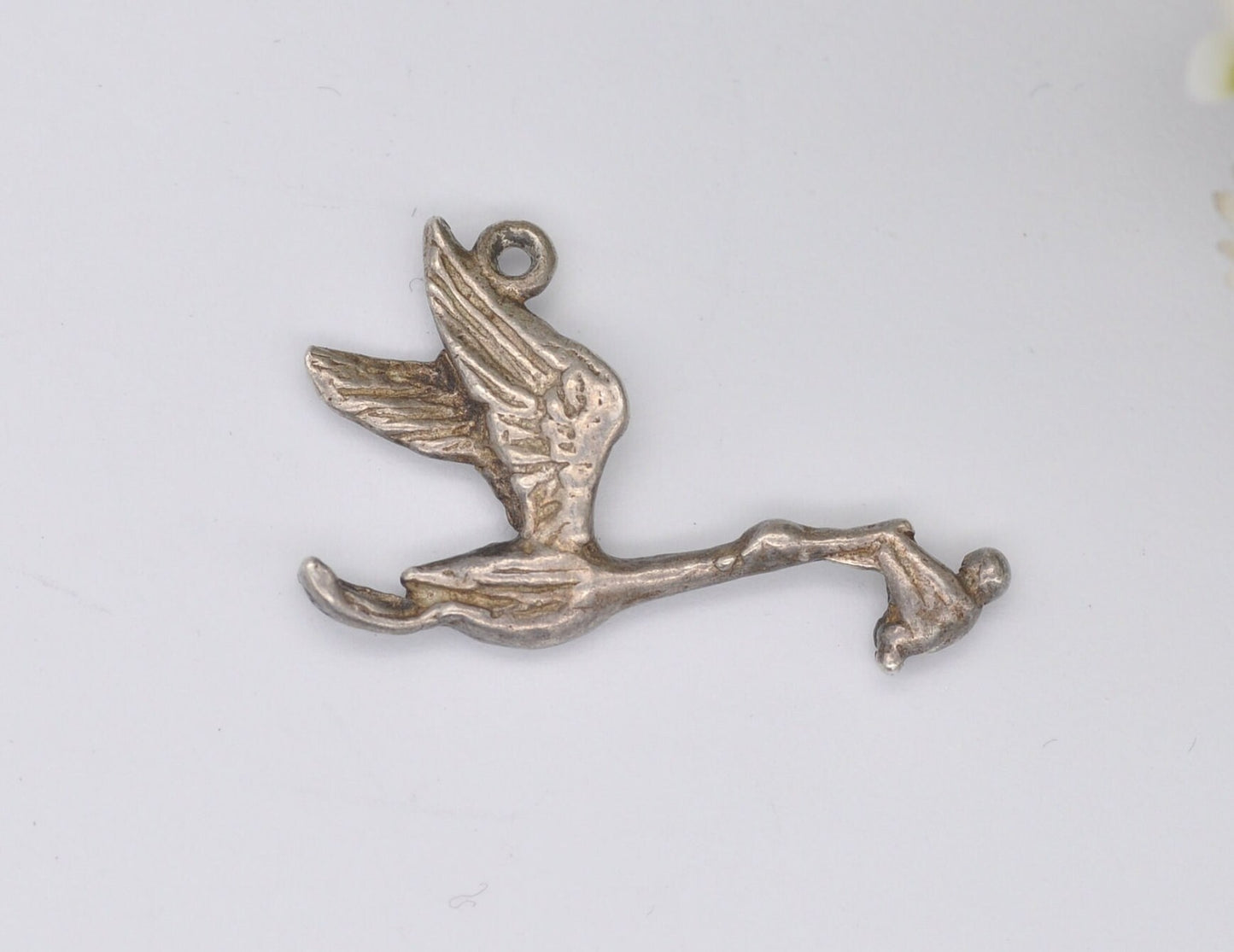 Vintage Sterling Silver Stork and Baby Charm / Pendant - Stork Carrying Baby / Bird / for Charm Bracelet