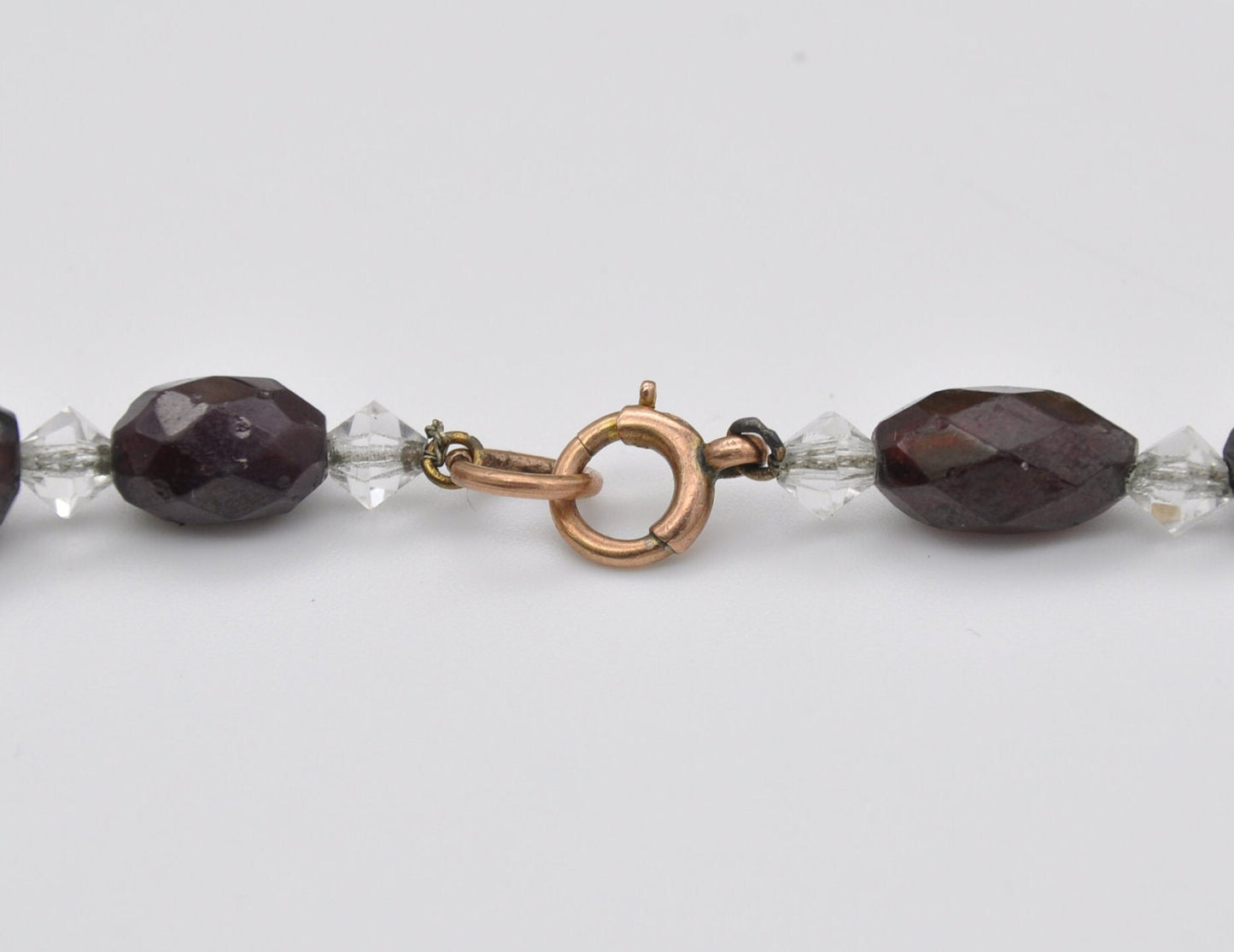 Antique 9ct Gold Clasp Glass Necklace - Victorian Hand Cut Glass Beads / Red Garnet Glass / Oval Beads with Clear Spacers / Original Chain