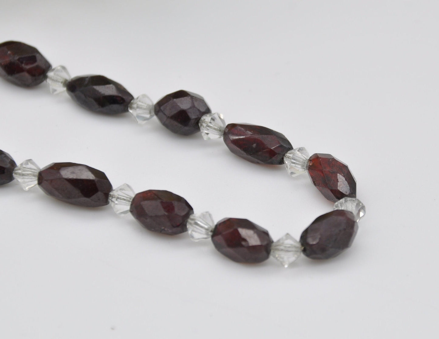 Antique 9ct Gold Clasp Glass Necklace - Victorian Hand Cut Glass Beads / Red Garnet Glass / Oval Beads with Clear Spacers / Original Chain