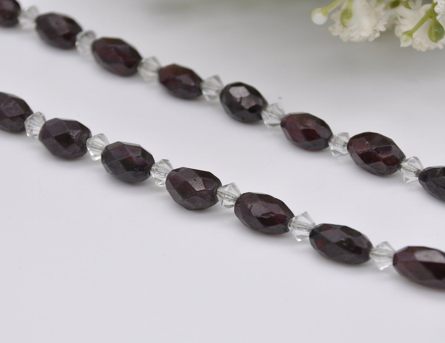 Antique 9ct Gold Clasp Glass Necklace - Victorian Hand Cut Glass Beads / Red Garnet Glass / Oval Beads with Clear Spacers / Original Chain