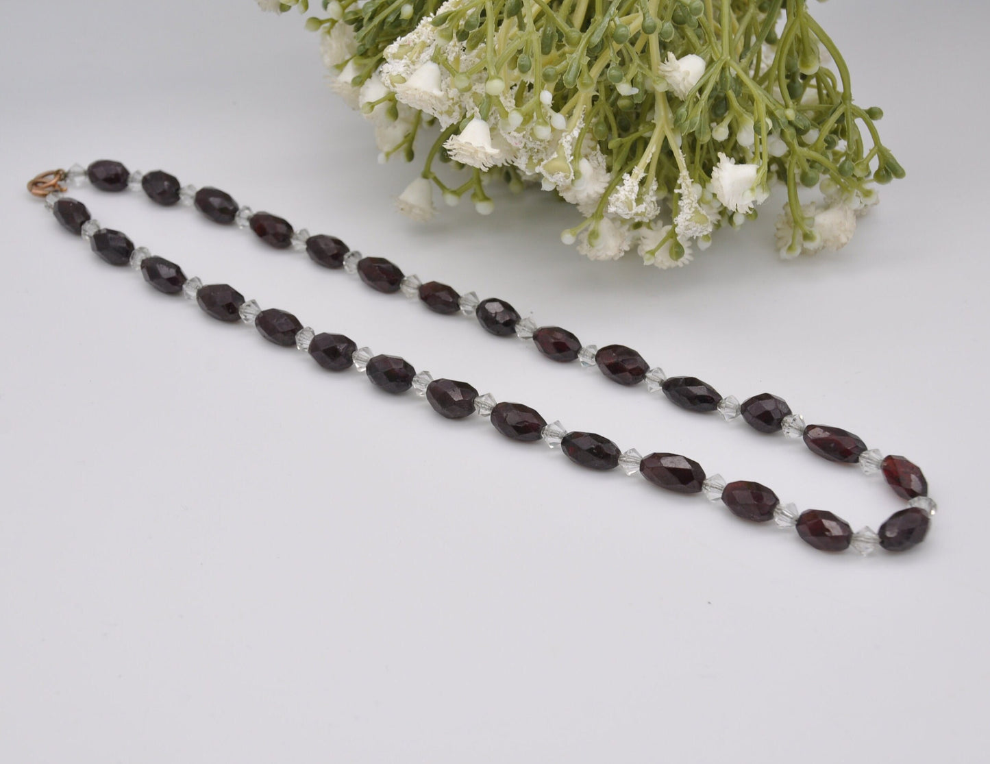 Antique 9ct Gold Clasp Glass Necklace - Victorian Hand Cut Glass Beads / Red Garnet Glass / Oval Beads with Clear Spacers / Original Chain