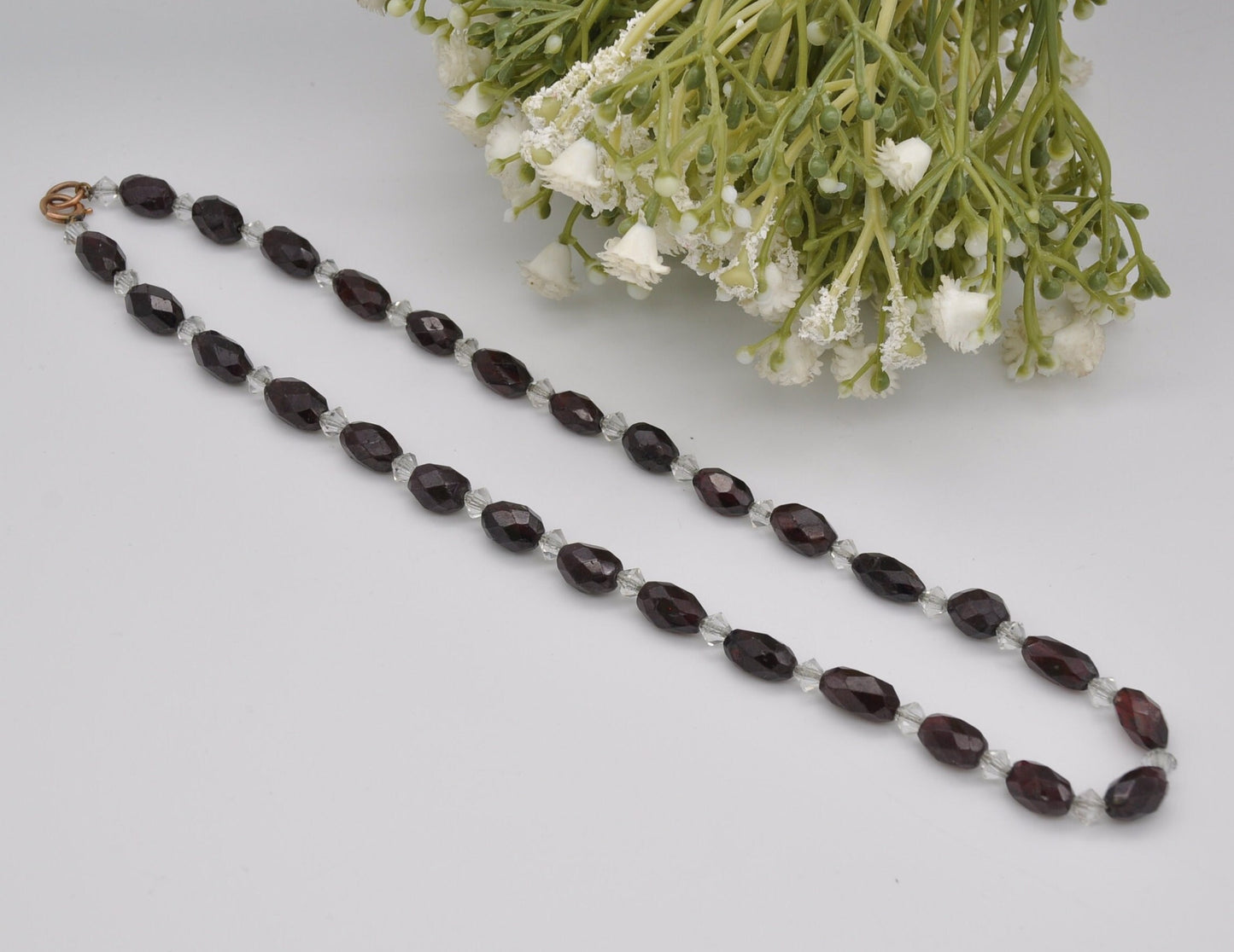 Antique 9ct Gold Clasp Glass Necklace - Victorian Hand Cut Glass Beads / Red Garnet Glass / Oval Beads with Clear Spacers / Original Chain