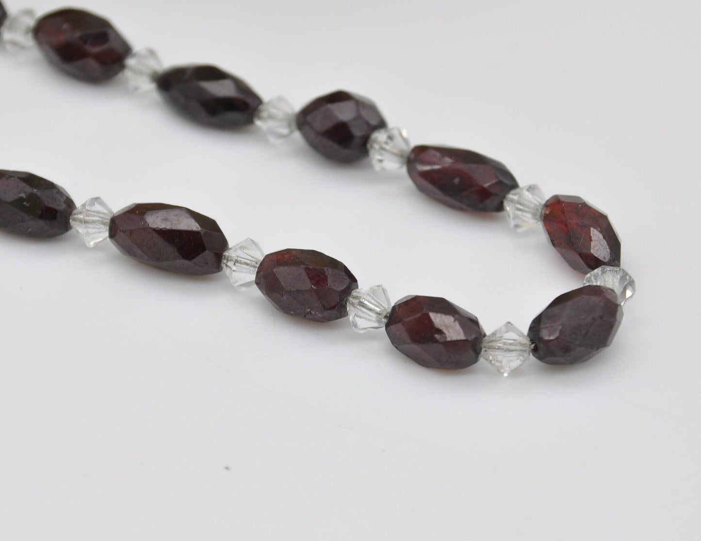 Antique 9ct Gold Clasp Glass Necklace - Victorian Hand Cut Glass Beads / Red Garnet Glass / Oval Beads with Clear Spacers / Original Chain