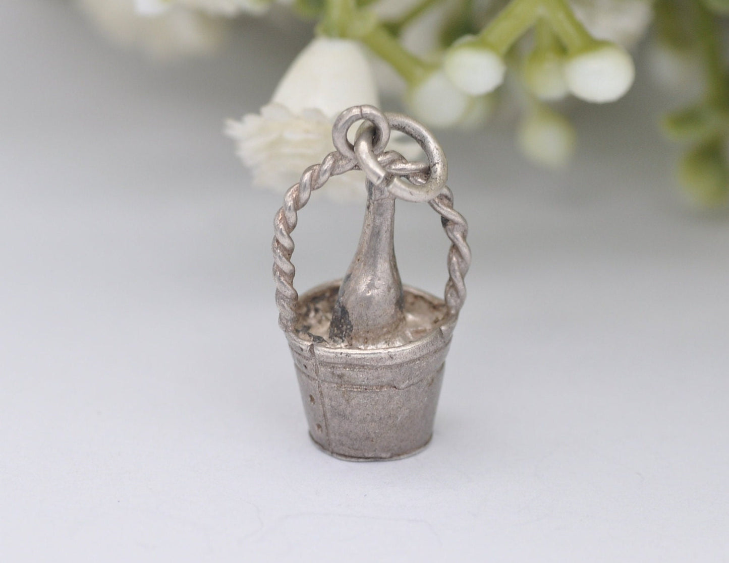 Vintage Sterling Silver Champagne Bottle in Bucket Charm / Pendant - Drinking / Alcohol / Charm Bracelet