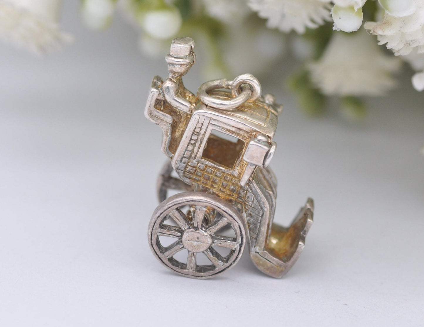 Vintage Silver Carriage Charm / Pendant - Spinning Wheels / Large / Man / Travel / Detailed / Charm Bracelet