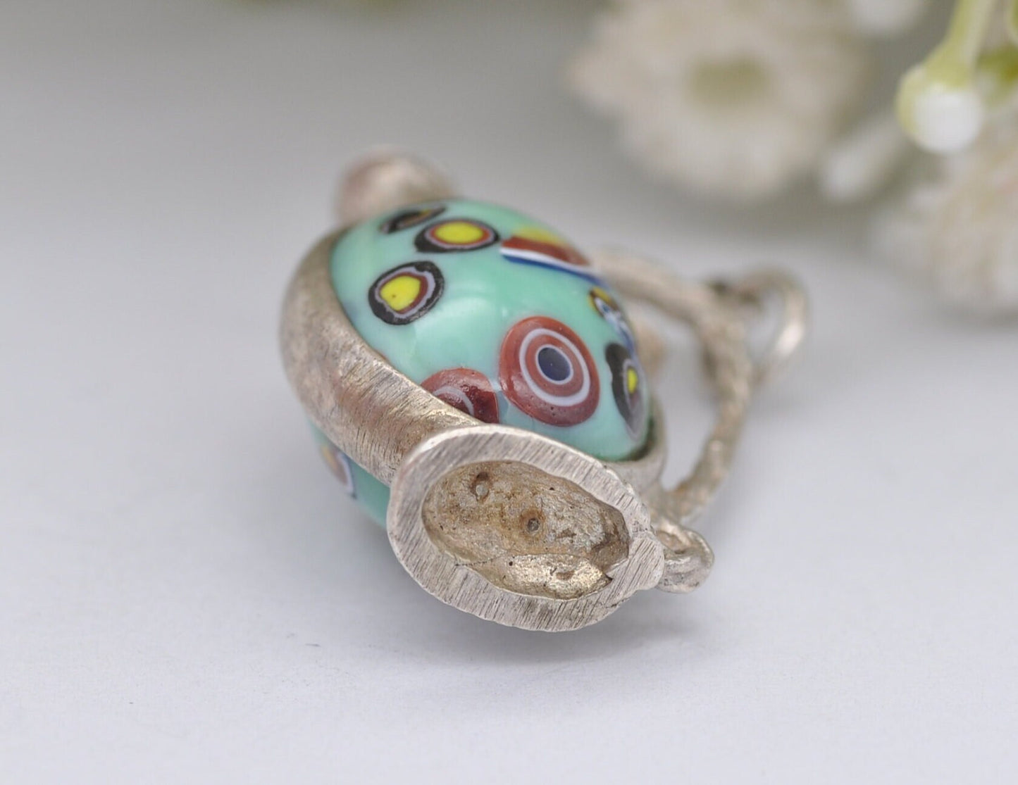 Vintage Sterling Silver Murano Glass Jug Charm / Pendant - Interesting / Stone / Blue / Wine / Charm Bracelet