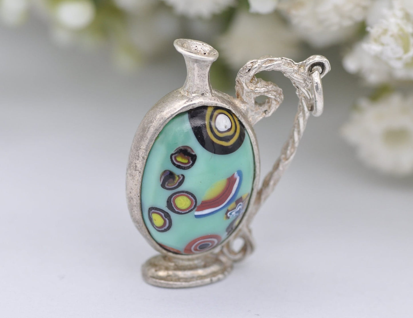 Vintage Sterling Silver Murano Glass Jug Charm / Pendant - Interesting / Stone / Blue / Wine / Charm Bracelet