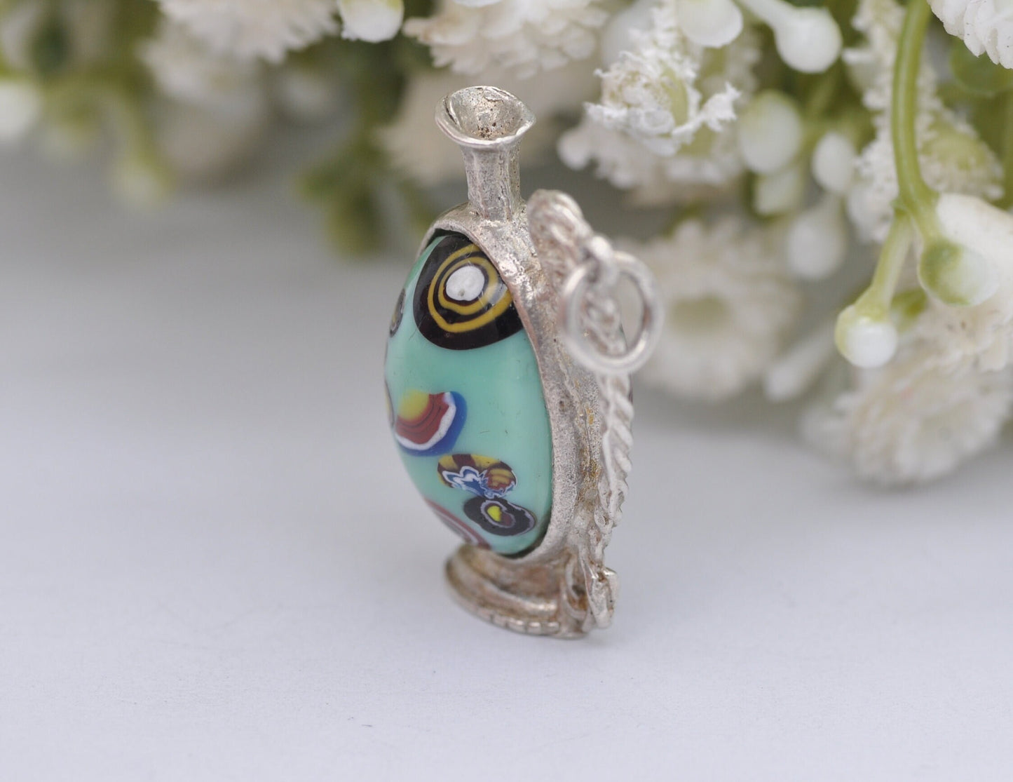 Vintage Sterling Silver Murano Glass Jug Charm / Pendant - Interesting / Stone / Blue / Wine / Charm Bracelet