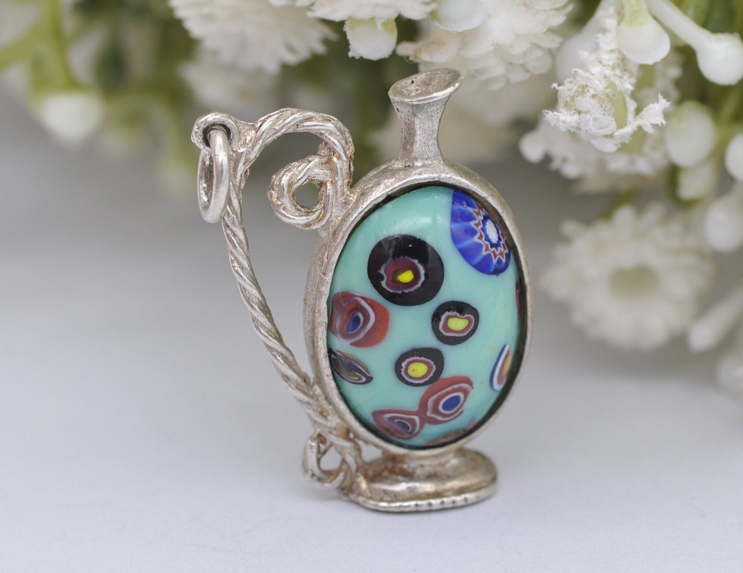 Vintage Sterling Silver Murano Glass Jug Charm / Pendant - Interesting / Stone / Blue / Wine / Charm Bracelet