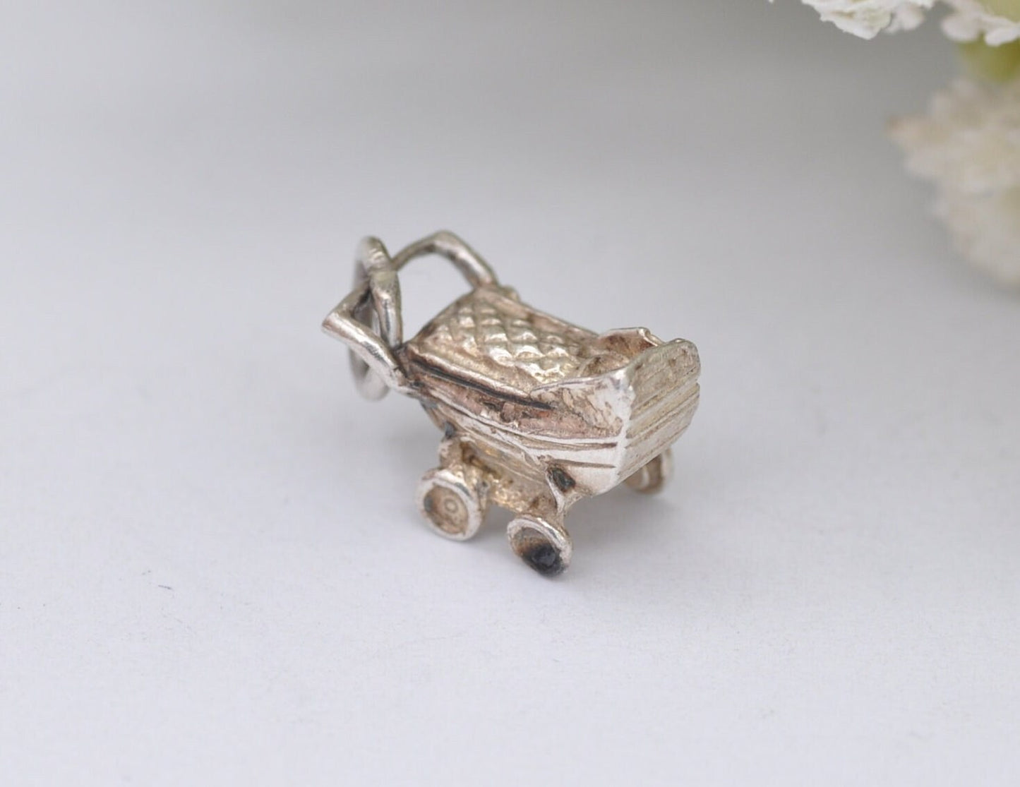 Vintage Silver Baby Pram Charm / Pendant - Children / Pregnant / Detailed / Charm Bracelet