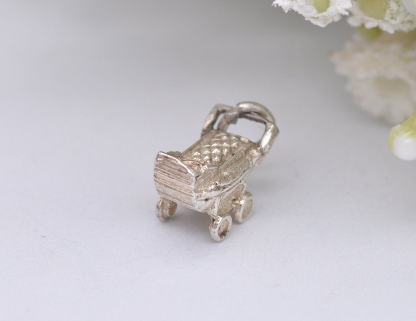 Vintage Silver Baby Pram Charm / Pendant - Children / Pregnant / Detailed / Charm Bracelet