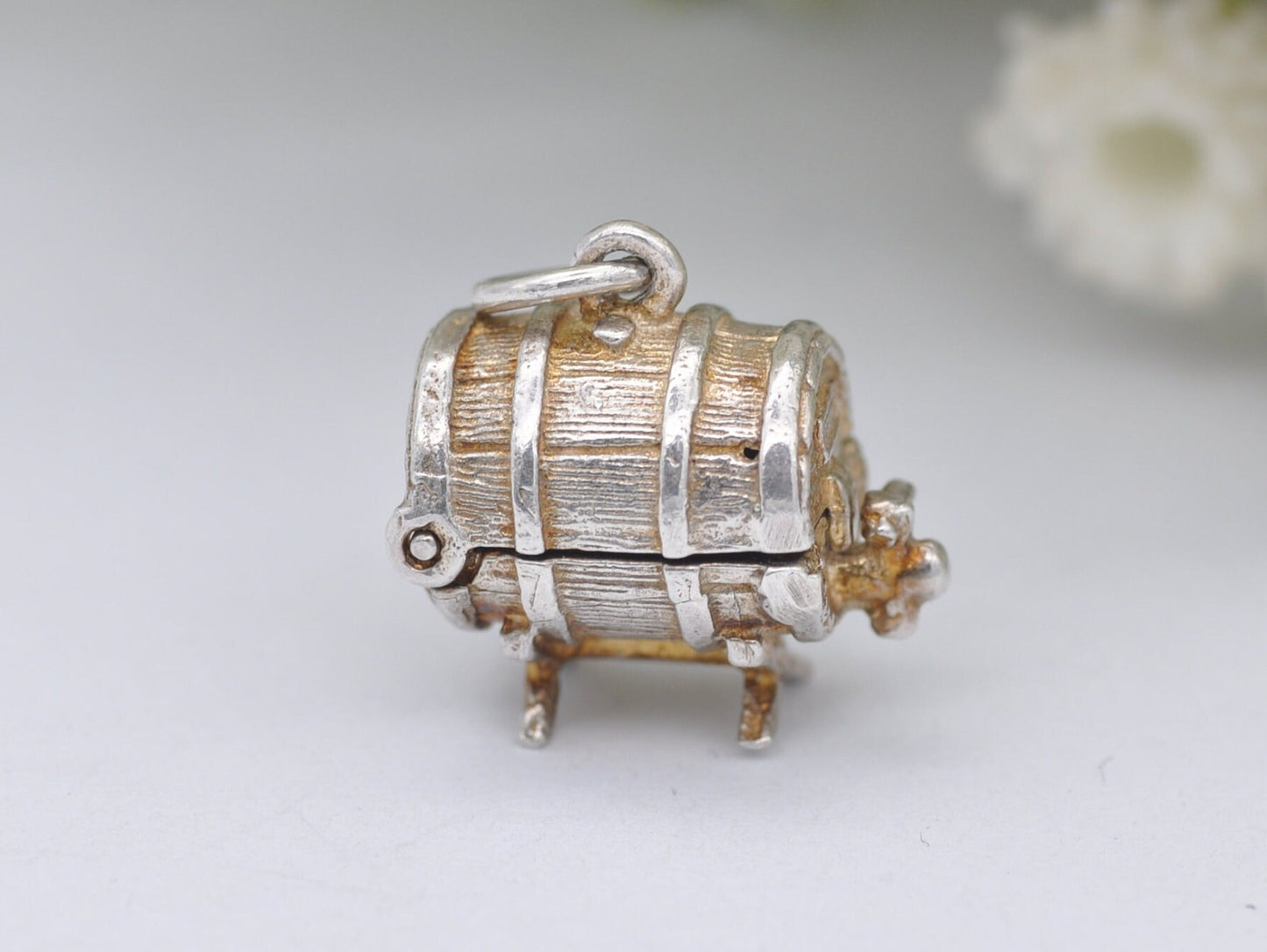 Vintage Silver CHIM Opening Whiskey Barrel Charm / Pendant - XXX / Wooden Barrel / Spirit / Alcohol / Sterling Silver / Charm Bracelet