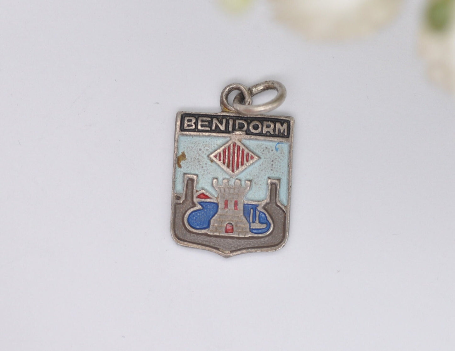 Vintage Silver Tone Benidorm Souvenir Shield Charm / Pendant - Spain / Tourist / Scrap Book / Charm Bracelet