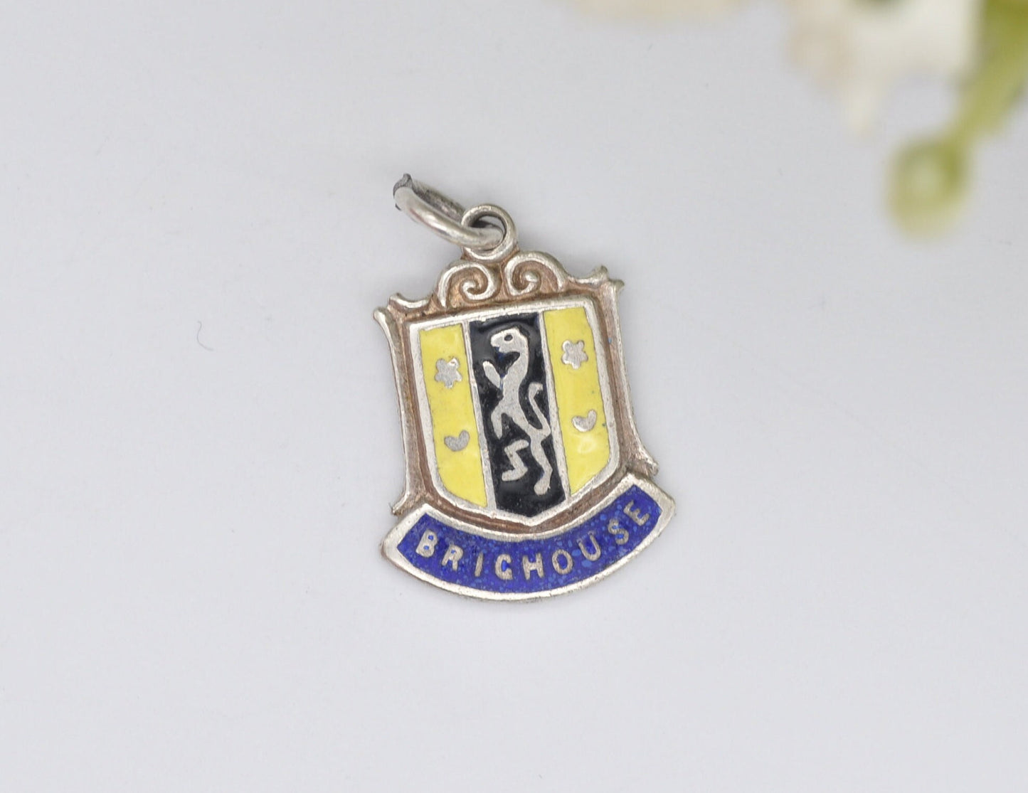 Vintage Sterling Silver Brighouse Enamel Souvenir Shield Charm / Pendant - England / West Yorkshire / Tourist / Charm Bracelet / Scrap Book