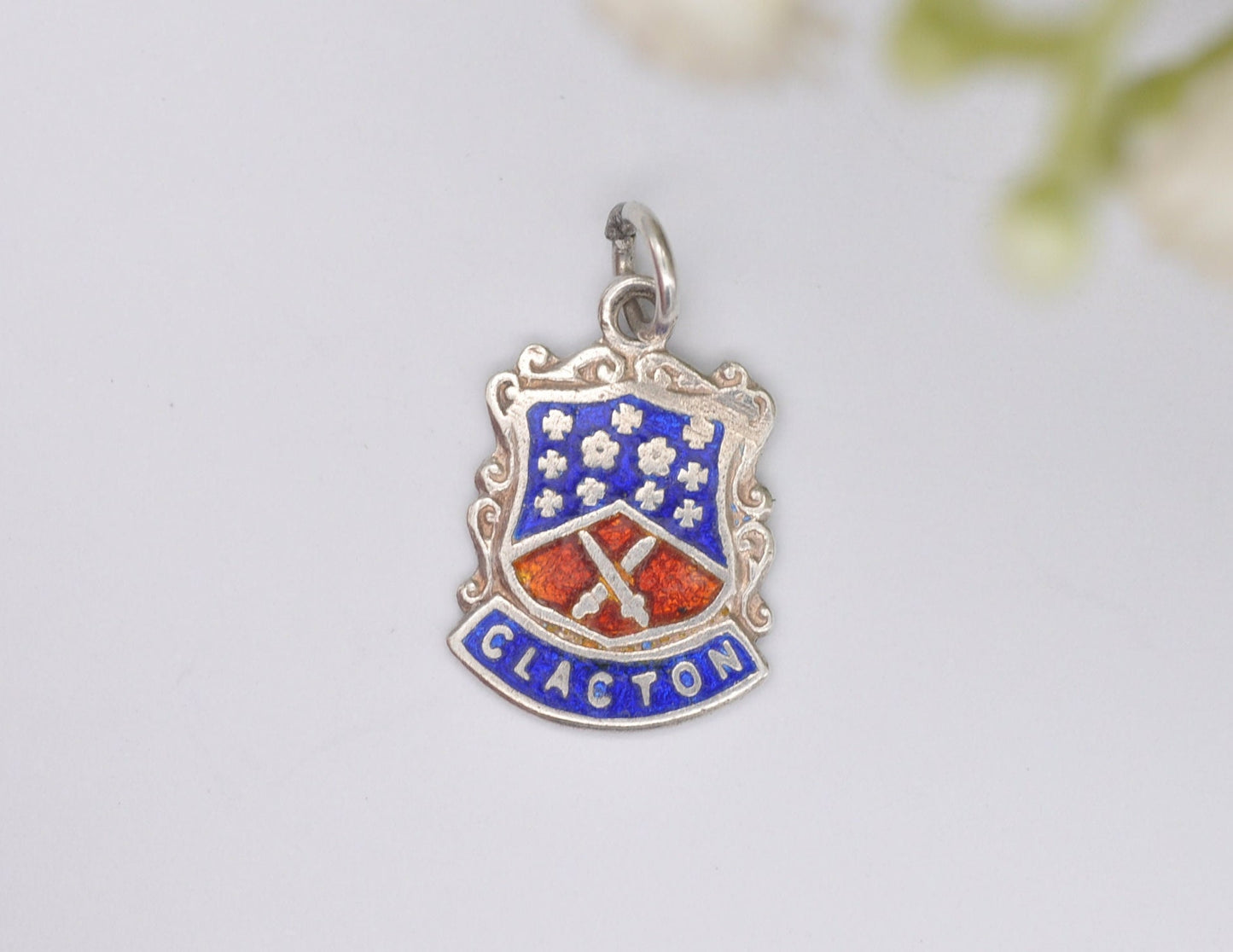Vintage Sterling Silver Clacton-on-Sea Enamel Souvenir Shield Charm / Pendant - England / Essex / Tourist / Clacton / Charm Bracelet