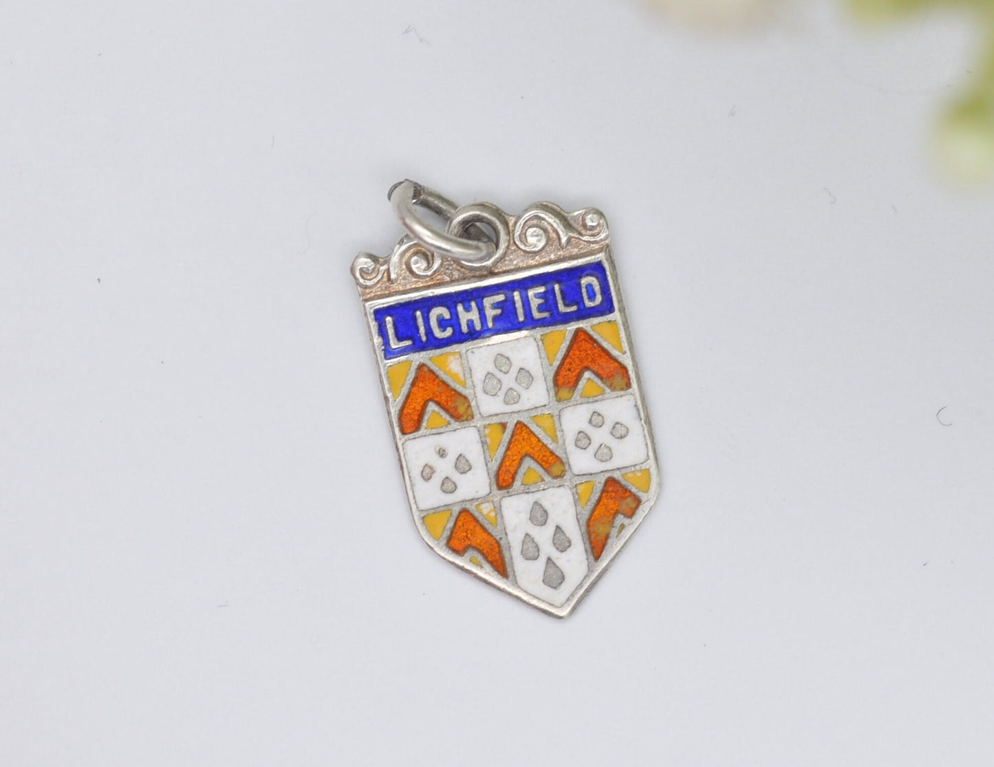 Vintage Sterling Silver Lichfield Enamel Souvenir Shield Charm / Pendant - England / Staffordshire / Tourist / Charm Bracelet / Scrap Book