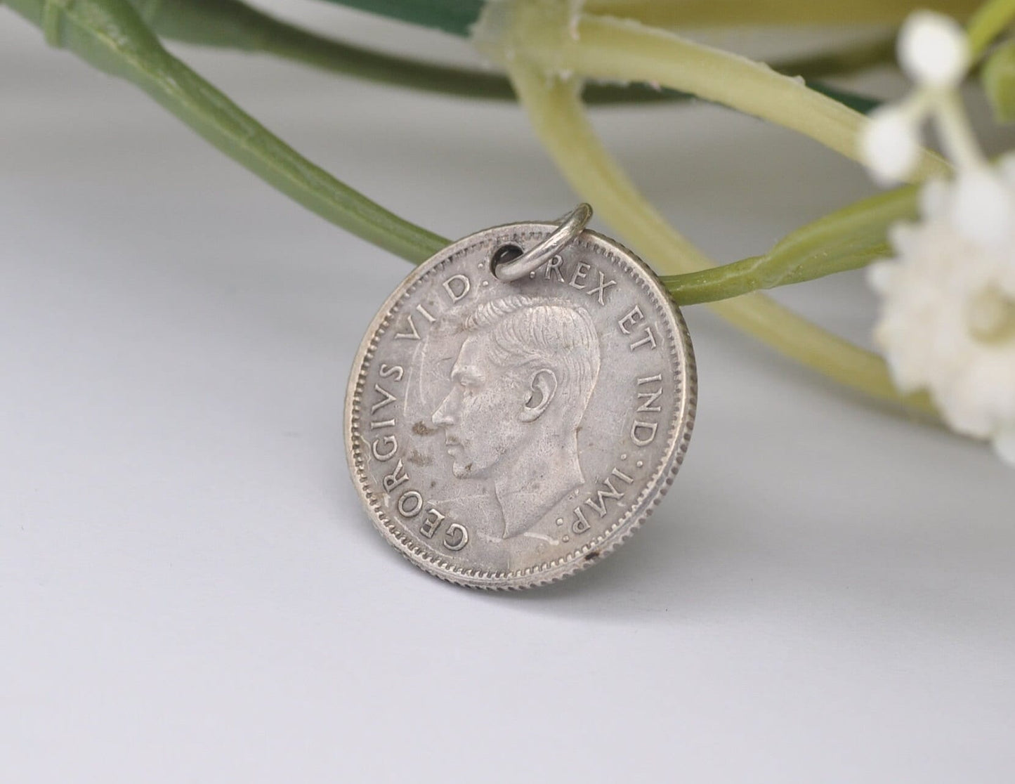 Vintage Silver George VI Canada 10 Cent 1944 Coin Charm / Pendant - Ten / King / English / British / Royalty / Charm Bracelet