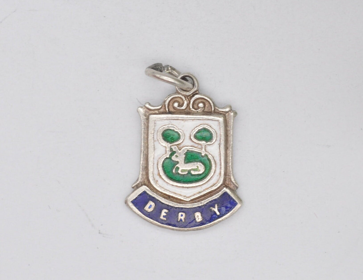 Vintage Sterling Silver Derby Enamel Souvenir Shield Charm / Pendant - England / East Midlands / Tourist / Charm Bracelet / Scrap Book