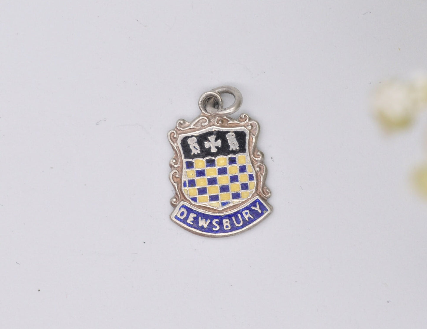 Vintage Sterling Silver Dewsbury Enamel Souvenir Shield Charm / Pendant - England / West Yorkshire / Tourist / 925 / Charm Bracelet