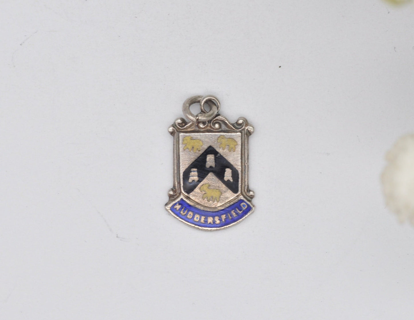 Vintage Sterling Silver Huddersfield Enamel Souvenir Shield Charm / Pendant - England / Yorkshire / Tourist / Charm Bracelet / Scrap Book