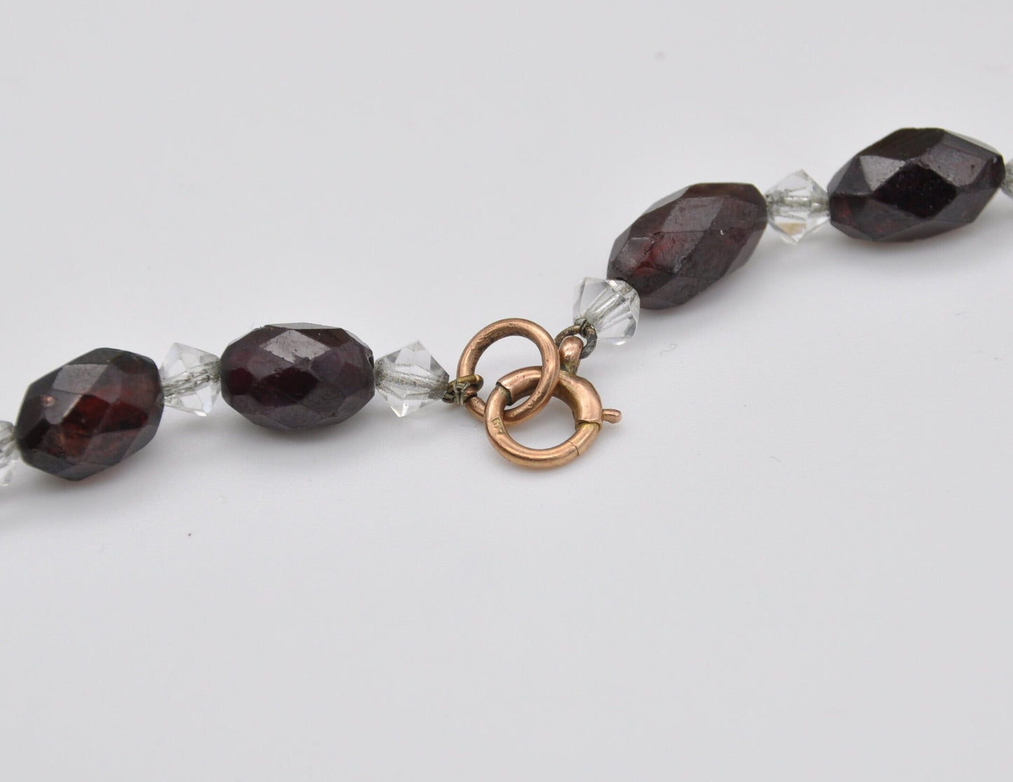 Antique 9ct Gold Clasp Glass Necklace - Victorian Hand Cut Glass Beads / Red Garnet Glass / Oval Beads with Clear Spacers / Original Chain