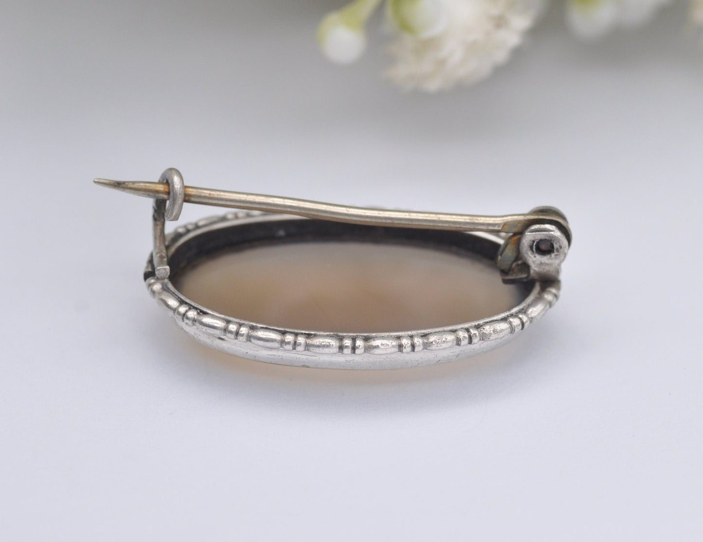 Vintage Silver and Chalcedony Brooch - Oval / 835 Silver / Statement / 925 / Pin