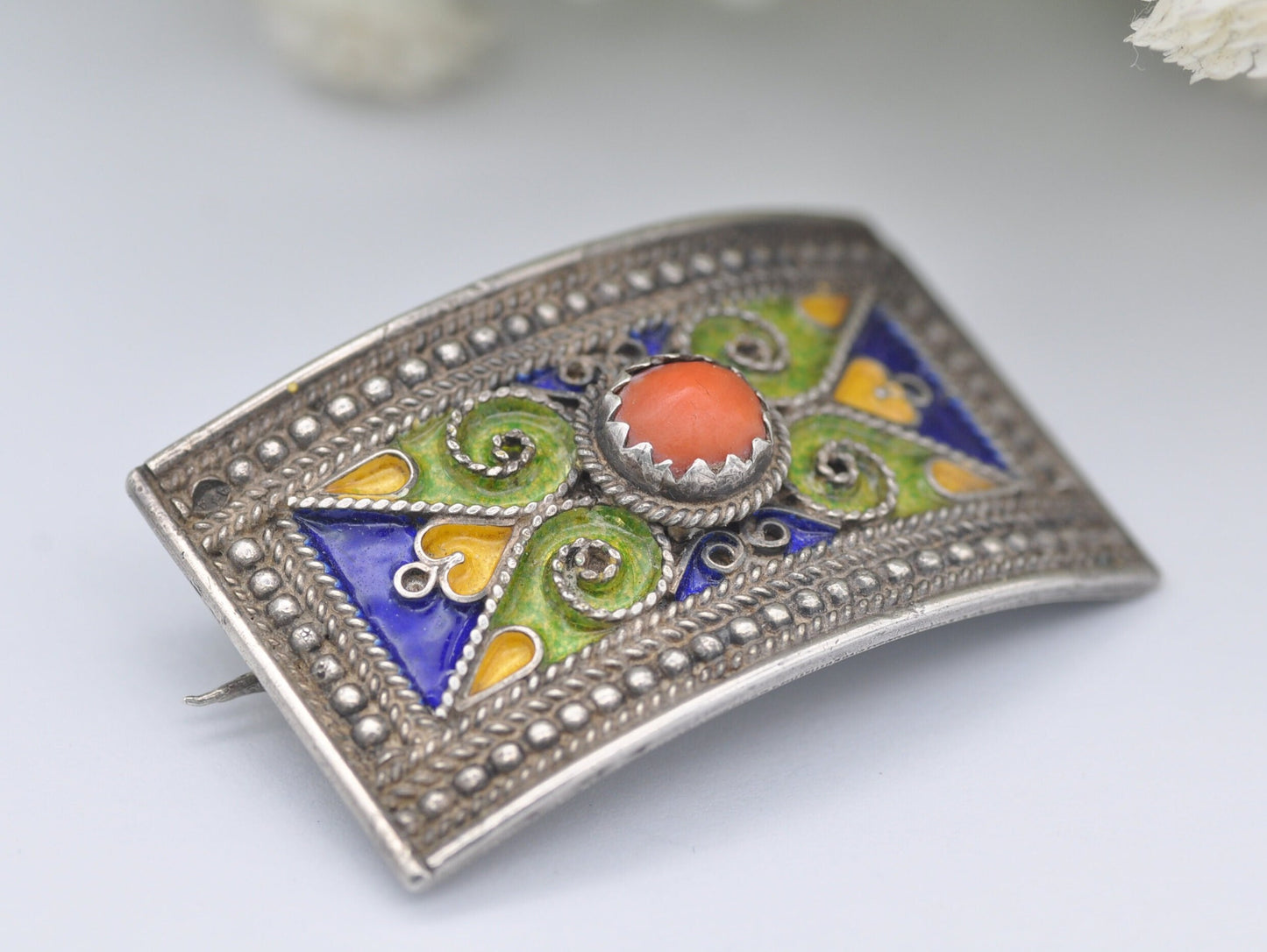Antique Champleve Silver and Coral Enamel Brooch - Art Nouveau / French Jewellery / Floral / Orange Stone / Green / Ornate / Detailed