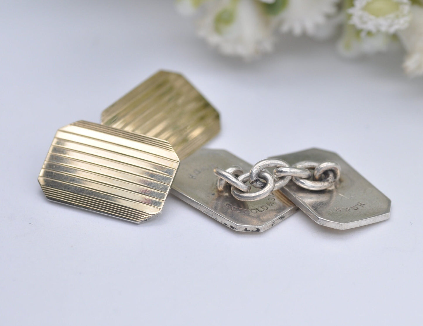 Vintage 9ct Gold and Silver H.G&S Cuff Links - Henry Griffith and Sons / Gold on Silver / Pattern / CuffLinks / Professional