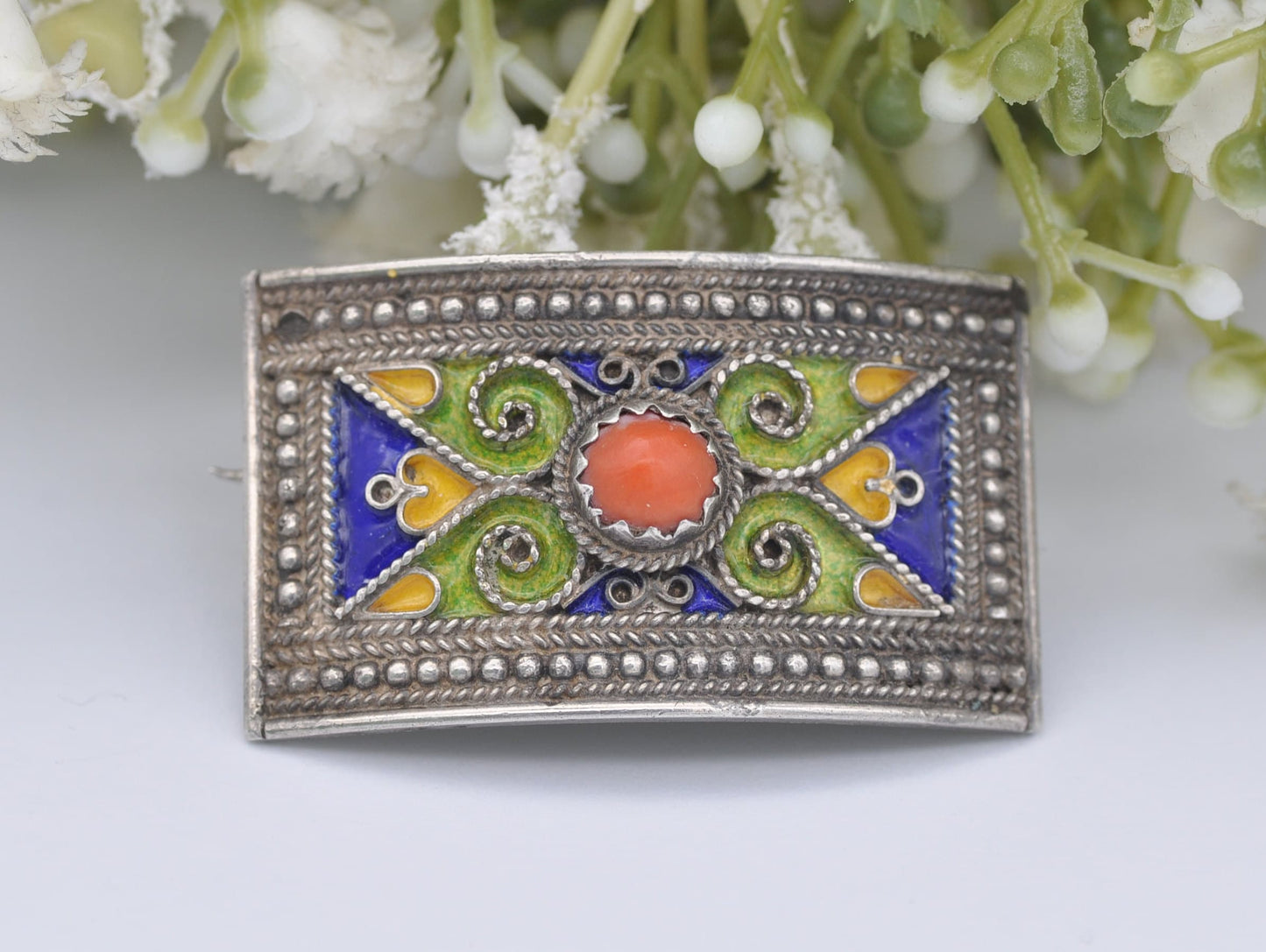 Antique Champleve Silver and Coral Enamel Brooch - Art Nouveau / French Jewellery / Floral / Orange Stone / Green / Ornate / Detailed