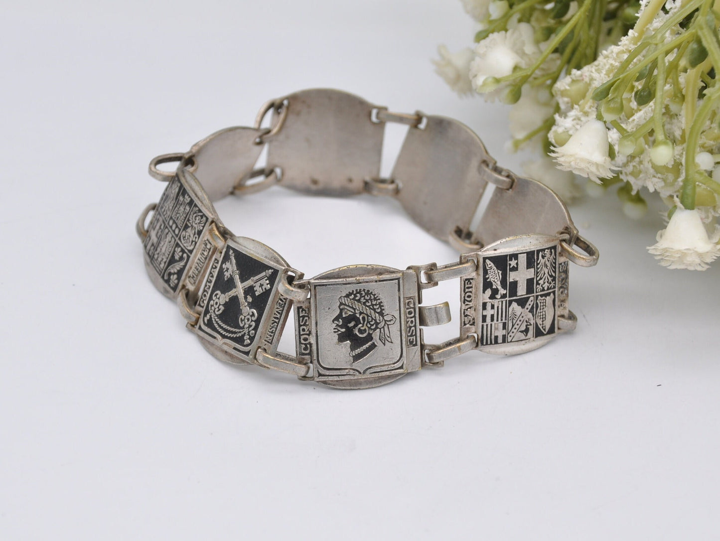 Vintage Silver Tone France Cities Travel Bracelet - Islands / Europe / Panel / Nice / Corse / Comtat / Monaco / Costume Jewellery