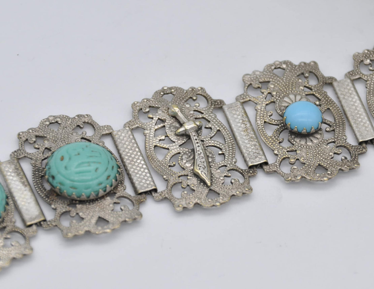 Vintage Silver Tone Hamsa Bracelet - Sword / Blue Stone / Elephant / Hand of Fatima / Panel Bracelet / Costume Jewellery