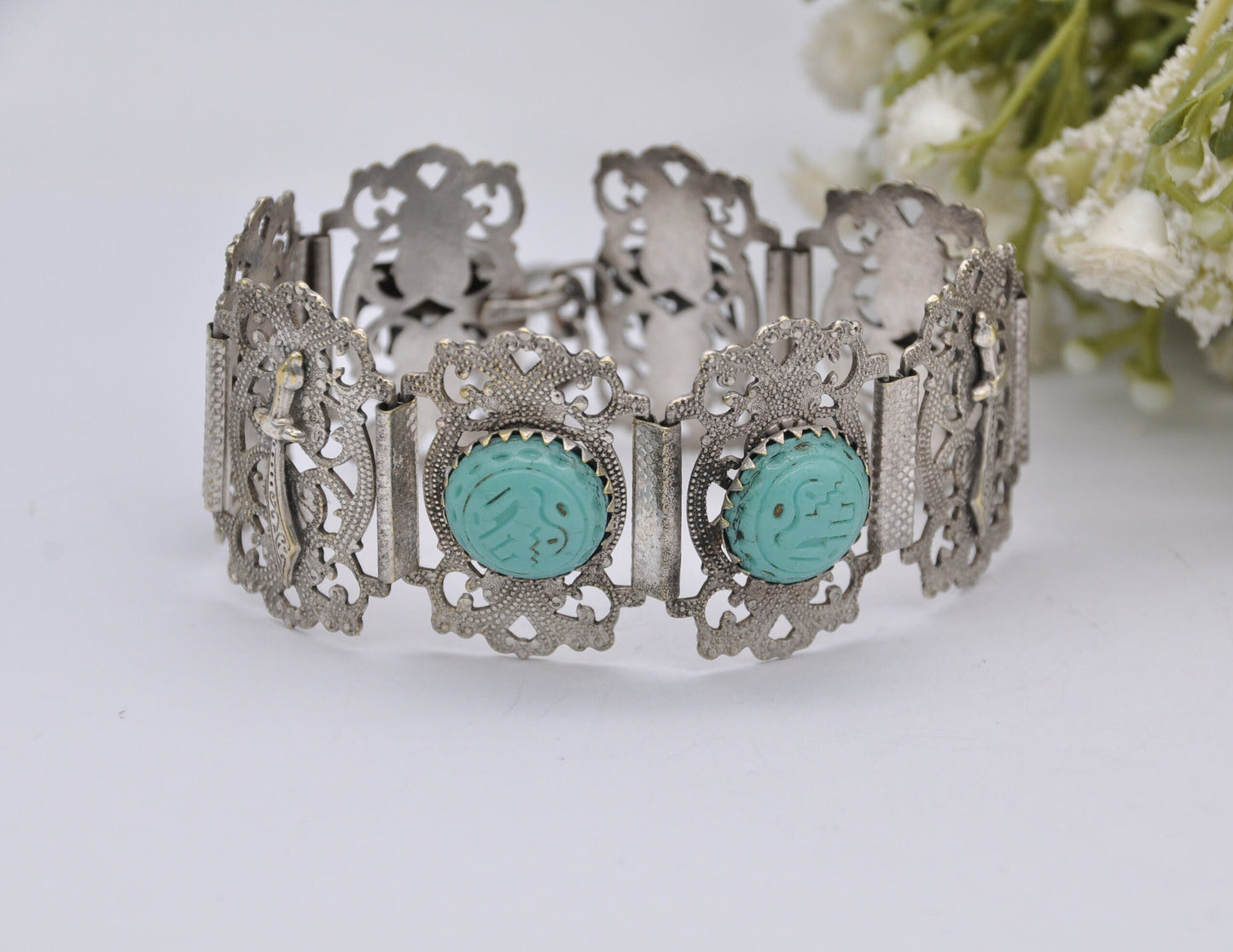 Vintage Silver Tone Hamsa Bracelet - Sword / Blue Stone / Elephant / Hand of Fatima / Panel Bracelet / Costume Jewellery