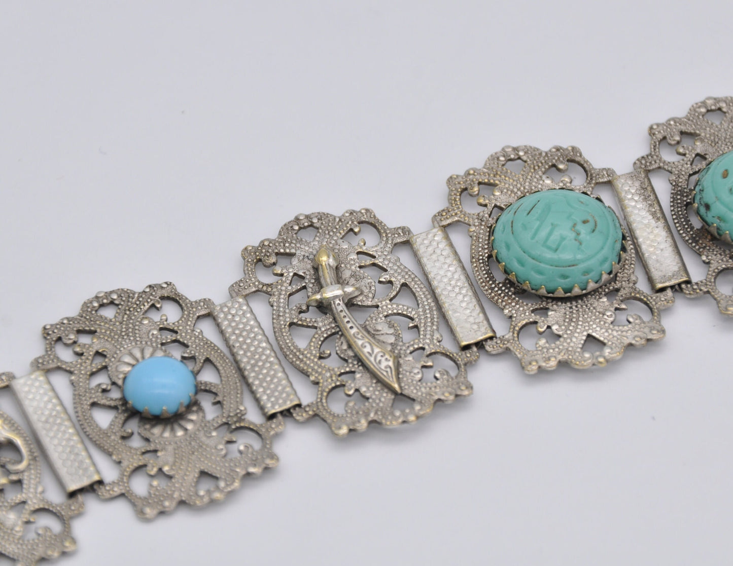 Vintage Silver Tone Hamsa Bracelet - Sword / Blue Stone / Elephant / Hand of Fatima / Panel Bracelet / Costume Jewellery