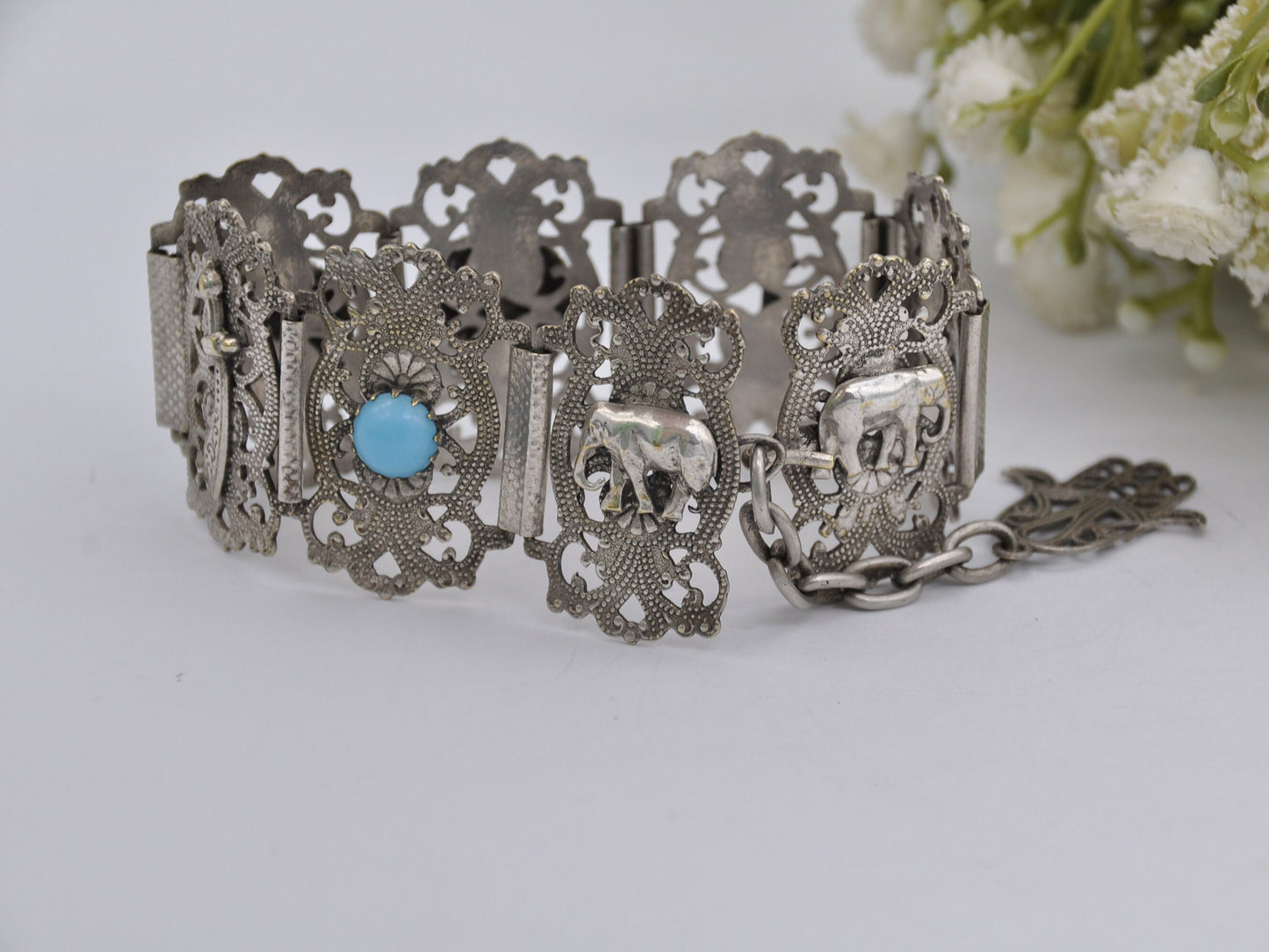 Vintage Silver Tone Hamsa Bracelet - Sword / Blue Stone / Elephant / Hand of Fatima / Panel Bracelet / Costume Jewellery