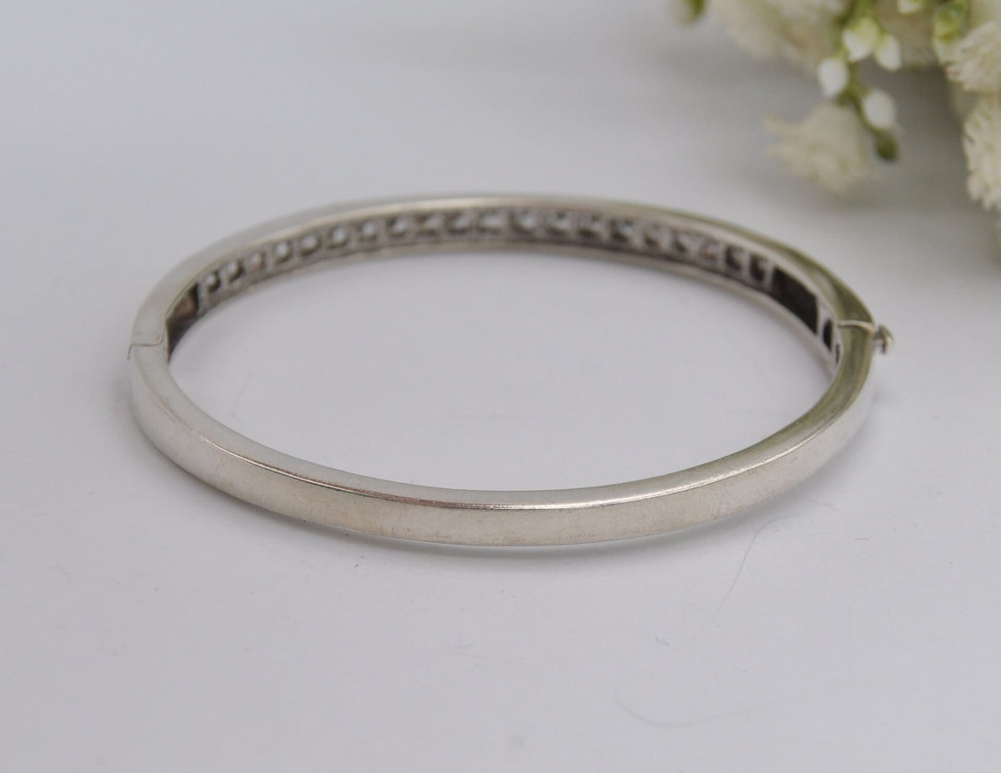 Sterling Silver and White Stone Bangle Bracelet - Elegant | Row | Safety Clip | 925