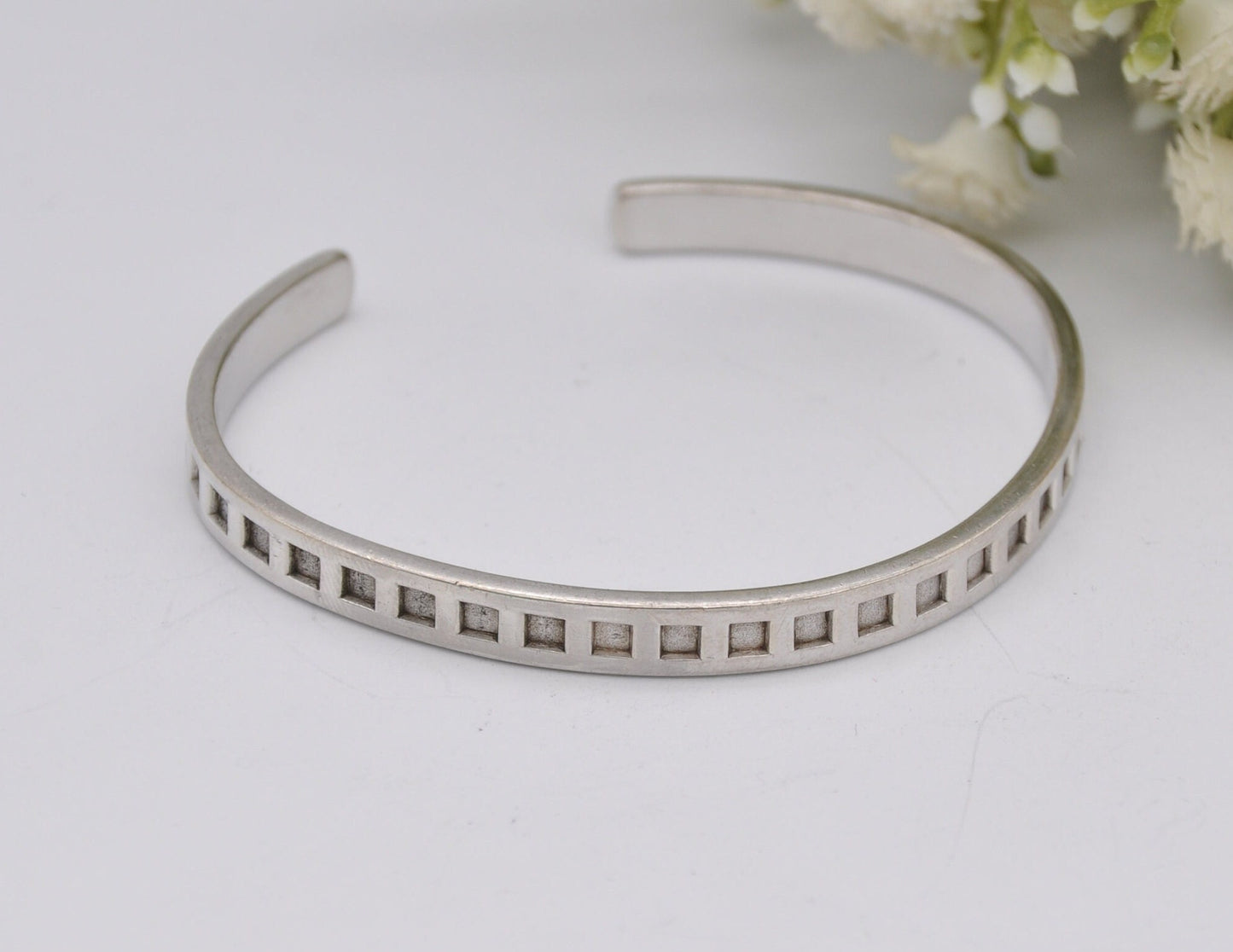 Vintage Sterling Silver Open Cuff Bangle Bracelet - Square Pattern / Elegant / Statement