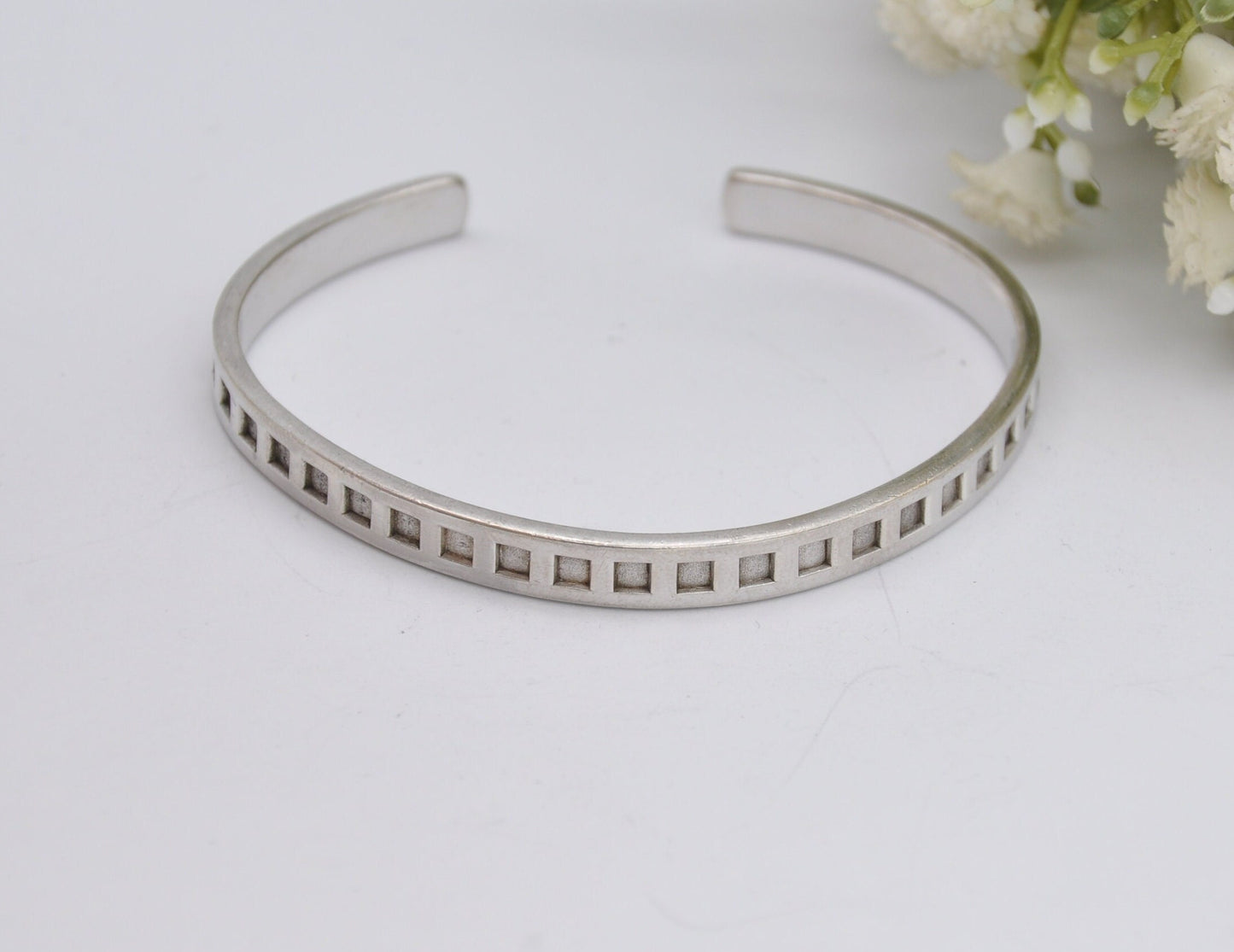 Vintage Sterling Silver Open Cuff Bangle Bracelet - Square Pattern / Elegant / Statement