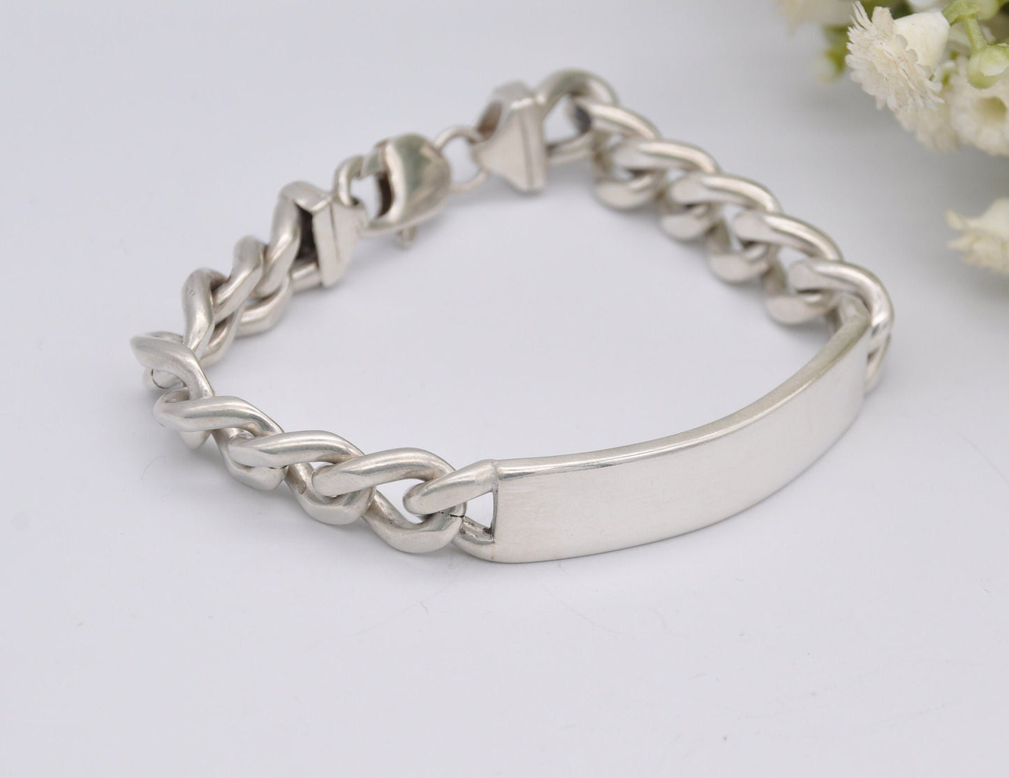 Sterling Silver Curb Link Chain Bracelet - Big | Chunky | Blank Cartouche | Tag | Lobster Claw | 925 | 45.7g | 20cm