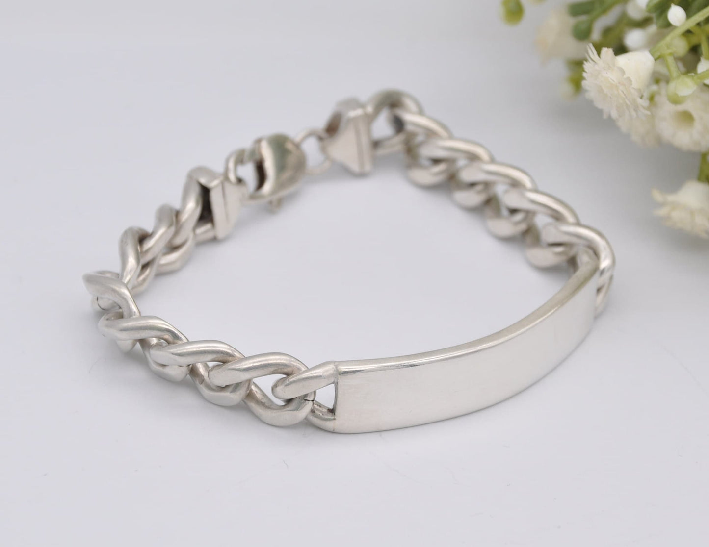 Sterling Silver Curb Link Chain Bracelet - Big | Chunky | Blank Cartouche | Tag | Lobster Claw | 925 | 45.7g | 20cm