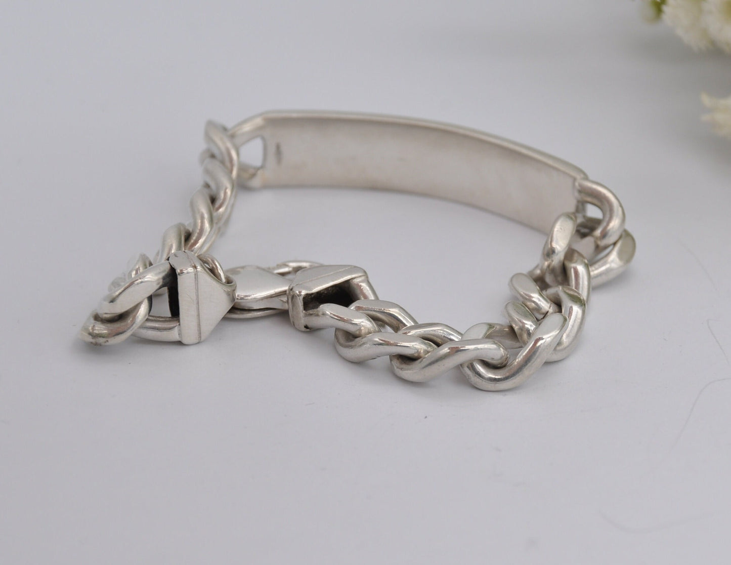 Sterling Silver Curb Link Chain Bracelet - Big | Chunky | Blank Cartouche | Tag | Lobster Claw | 925 | 45.7g | 20cm
