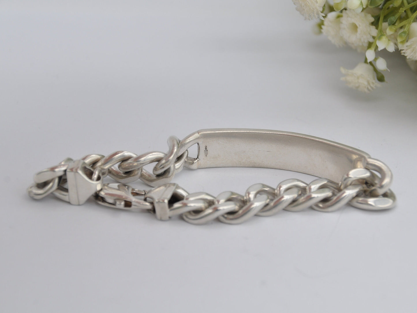 Sterling Silver Curb Link Chain Bracelet - Big | Chunky | Blank Cartouche | Tag | Lobster Claw | 925 | 45.7g | 20cm