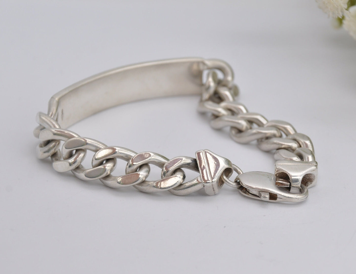 Sterling Silver Curb Link Chain Bracelet - Big | Chunky | Blank Cartouche | Tag | Lobster Claw | 925 | 45.7g | 20cm
