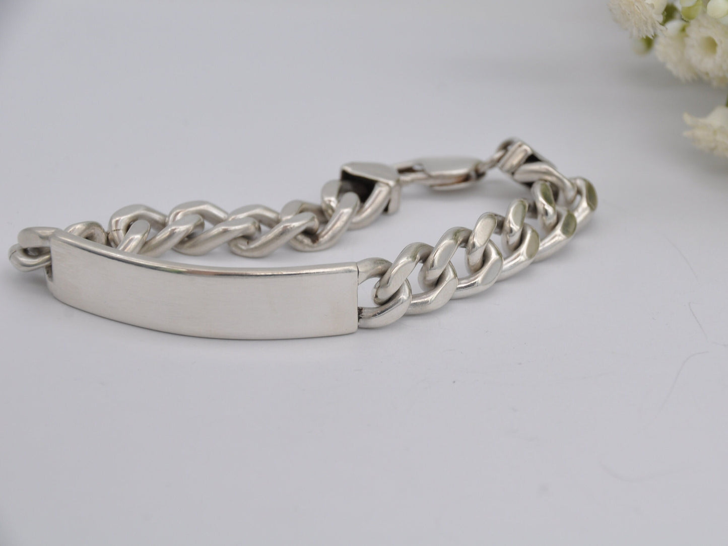 Sterling Silver Curb Link Chain Bracelet - Big | Chunky | Blank Cartouche | Tag | Lobster Claw | 925 | 45.7g | 20cm