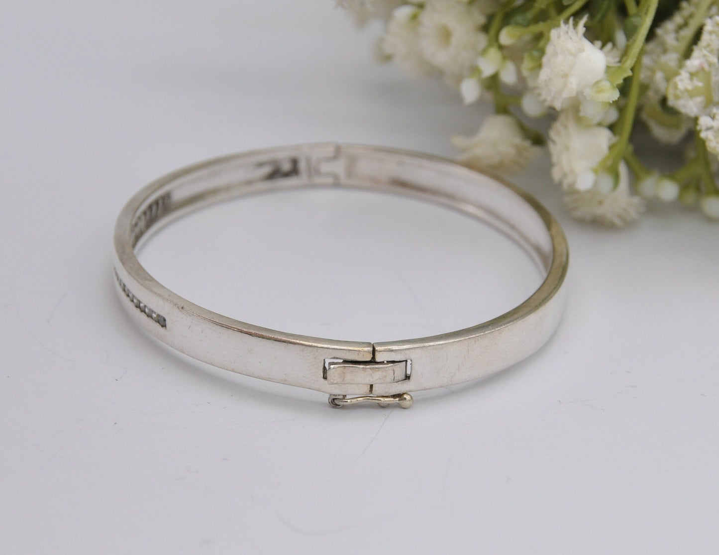 Sterling Silver and White Stone Bangle Bracelet - Elegant | Row | Safety Clip | 925