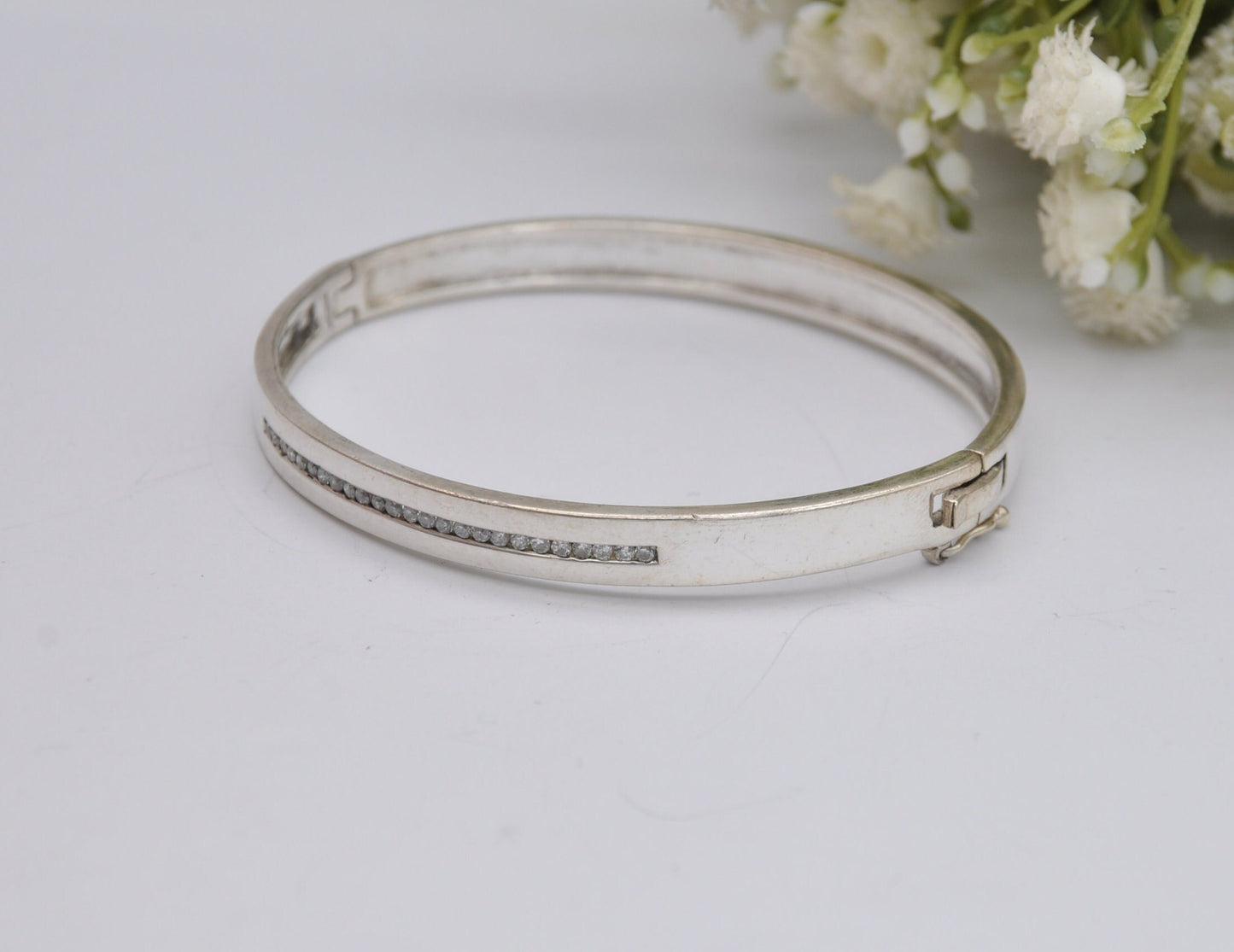 Sterling Silver and White Stone Bangle Bracelet - Elegant | Row | Safety Clip | 925