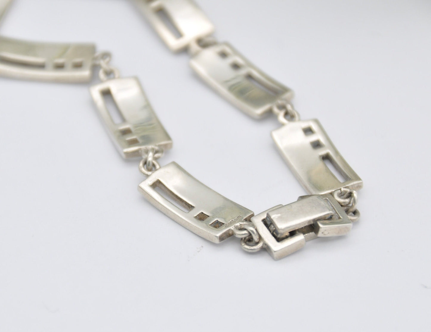 Sterling Silver Openwork Rectangle Panel Bracelet - Chain / Modernist Design / 925