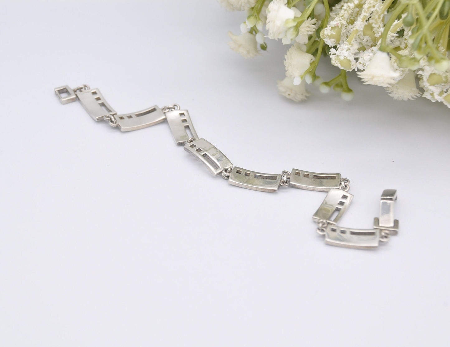 Sterling Silver Openwork Rectangle Panel Bracelet - Chain / Modernist Design / 925