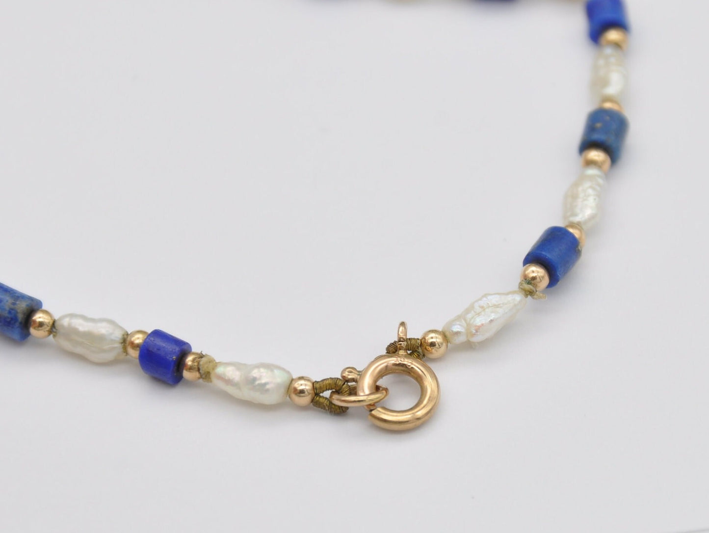 Vintage 9ct Gold Lapis Lazuli & Pearl Bracelet - Beaded / Beads / Blue / 375 / 9K / Spring Ring / 17.3cm
